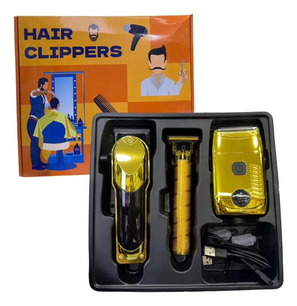 Kit Peluqueria 3 En 1 Profesional Clipper Trimmer Shaver Dorado 110v